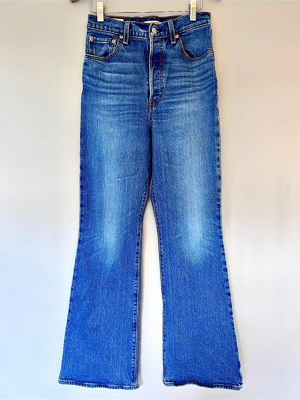 Levi’s Ribcage Flare Jeans High Rise Blue Denim Wide Flare Leg Size 26